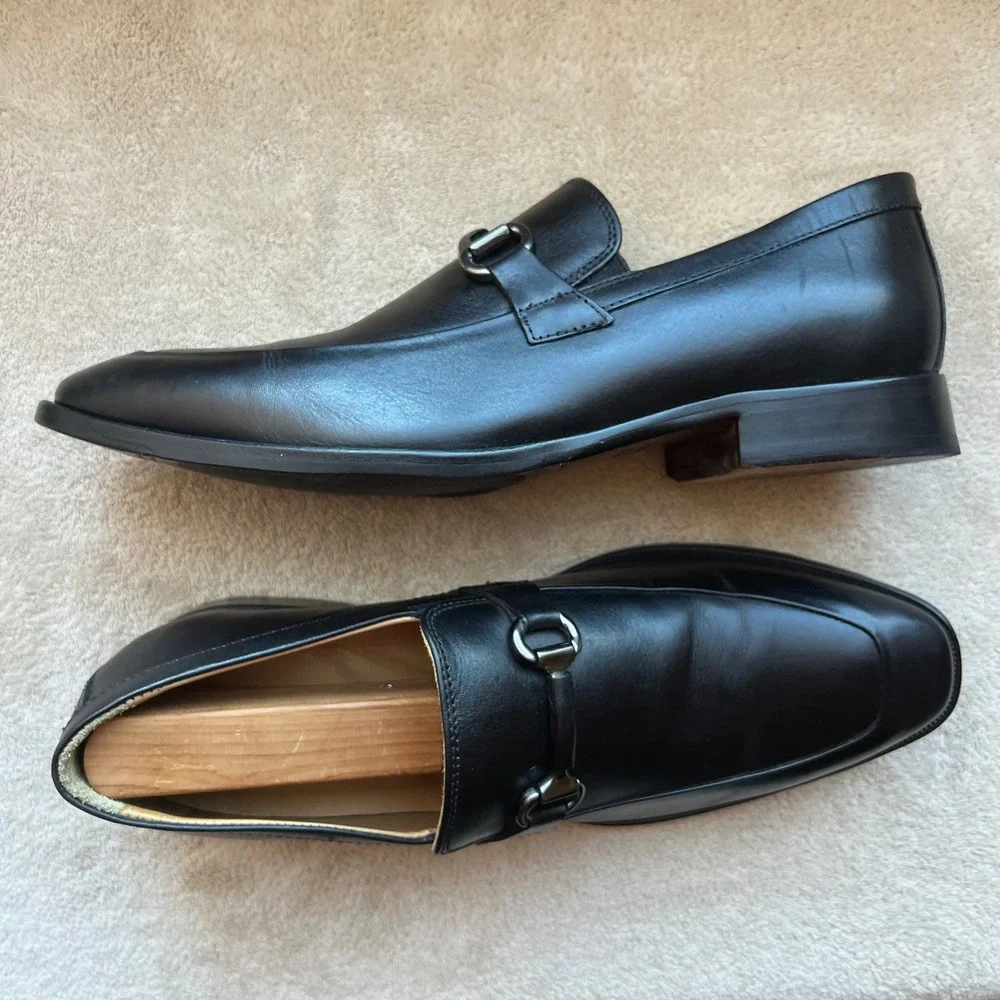 Johnston & Murphy McClain‎ Men 9.5 M Black Leather Bit Loafer Shoes Apron Toe