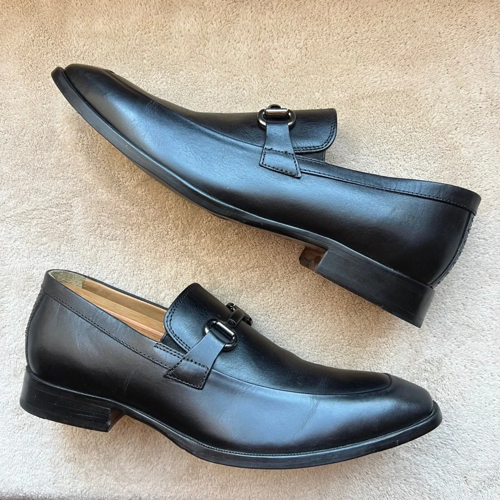 Johnston & Murphy McClain‎ Men 9.5 M Black Leather Bit Loafer Shoes Apron Toe