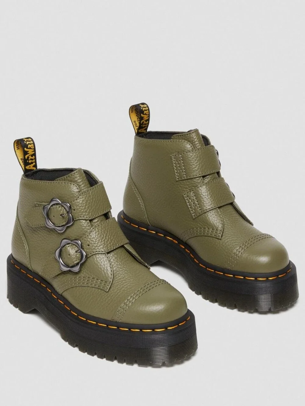Dr. Martens Devon Flower Buckle Platform Boots Khaki Green US 10