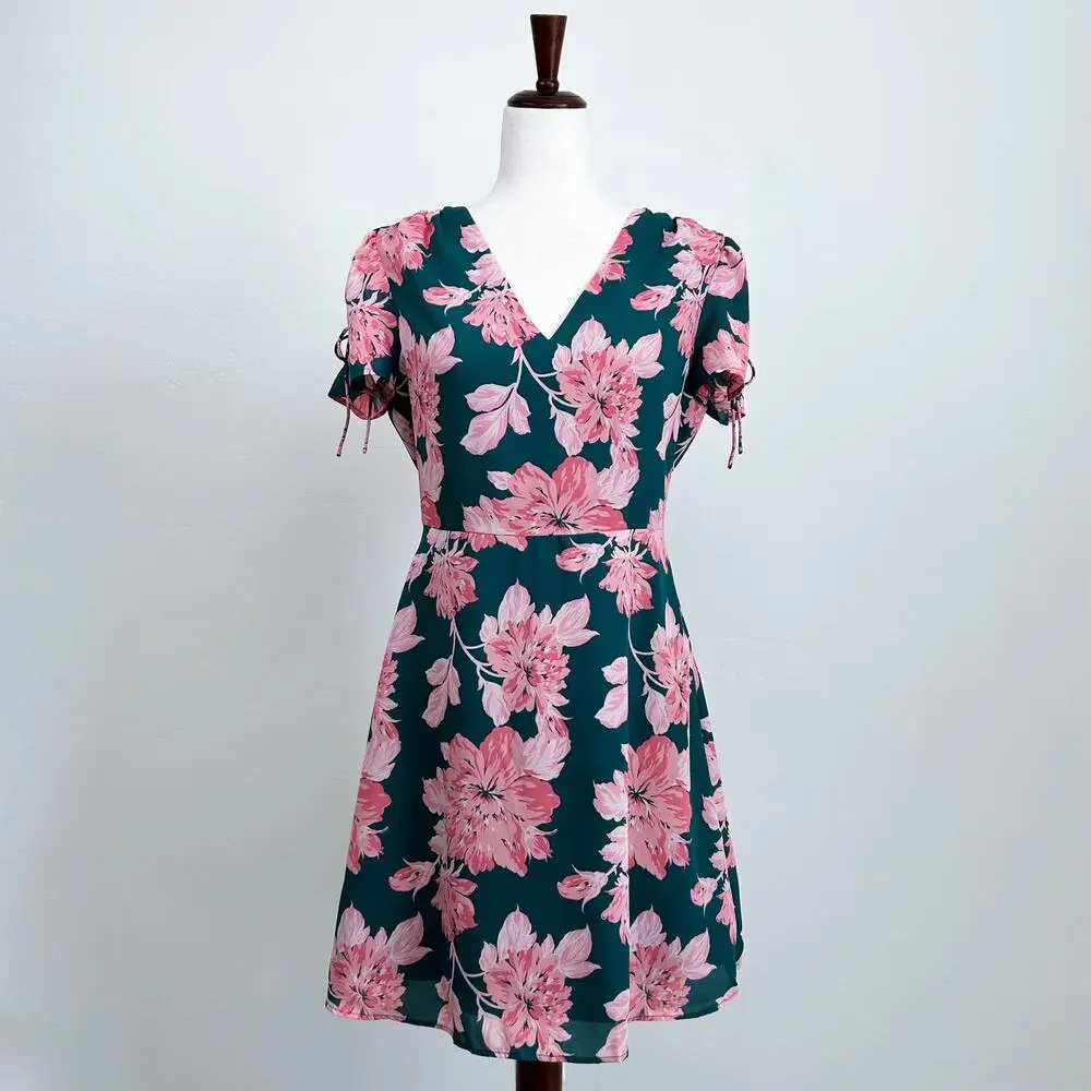 J. Crew Green Spring Pink Floral Short Sleeve V-Neck A-Line Mini Dress SIZE 4