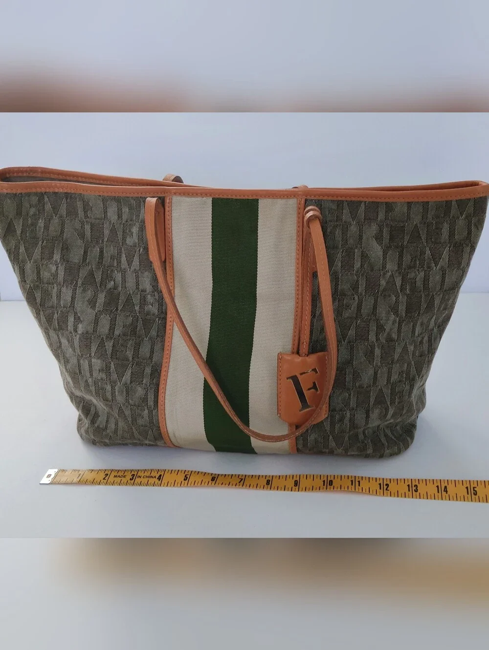 Furla Canvas Tote Bag with Green Stripe and Tan Lether Trim. Pre-owned.