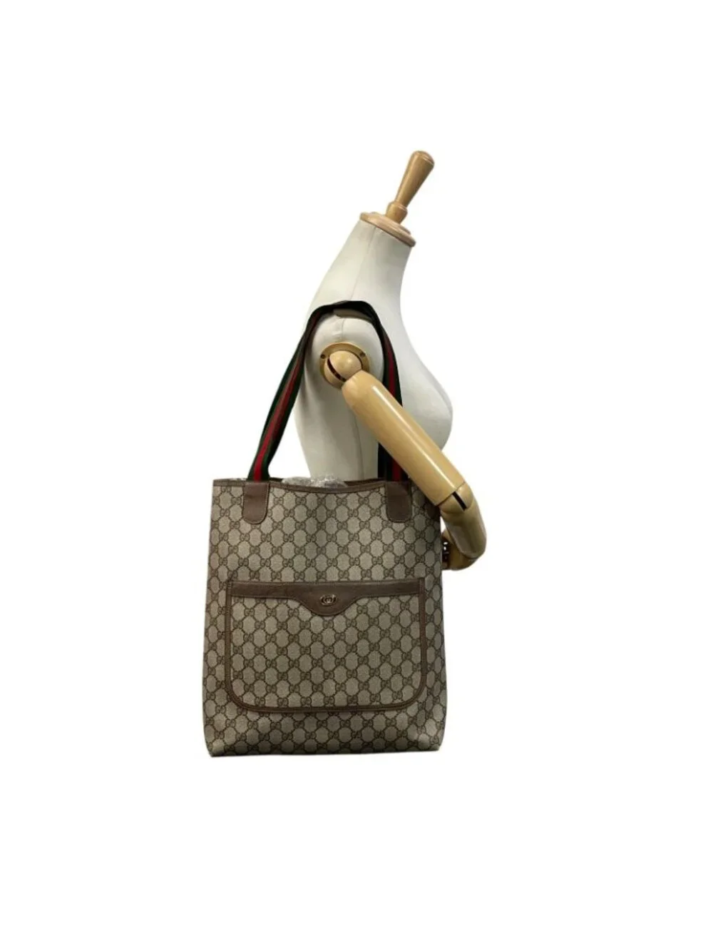 Gucci Tote Handle Vintage Sherry Line GG Plus Leather Gray Judah Brown Gold