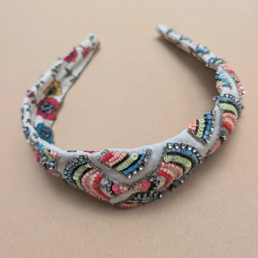 Anthropologie NAMJOSH Beaded Sequin Embellished Floral Headband Boho Preppy