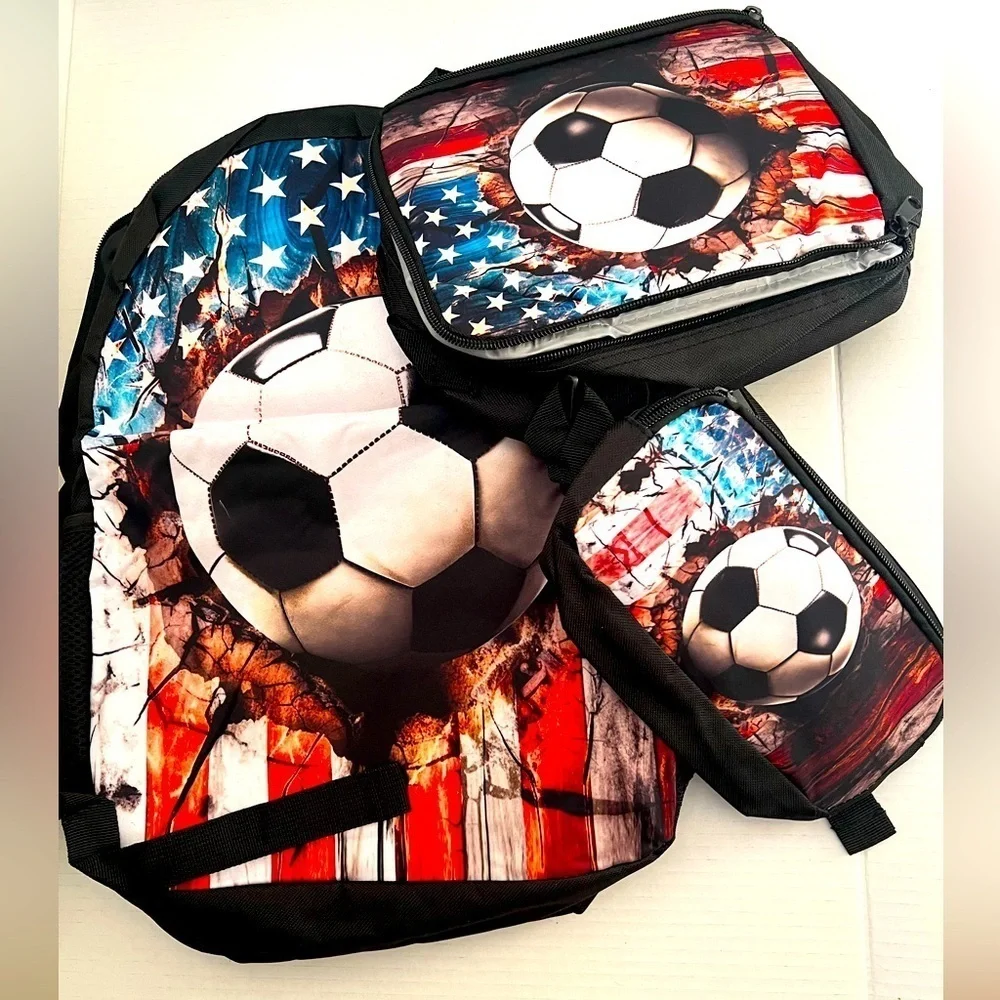 SCOROTEC BACKPACK SET (AMERICAN FLAG SOCCER) INCLUDES LUNCH BOX & PENCIL CASE.