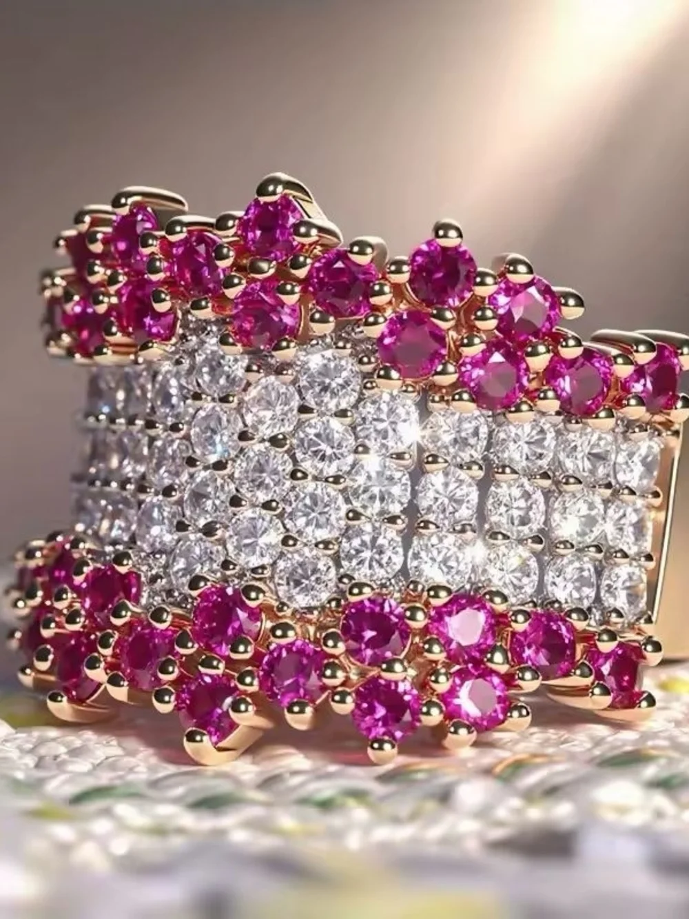 Gold Ring with Pink Gemstones and Clear Crystals