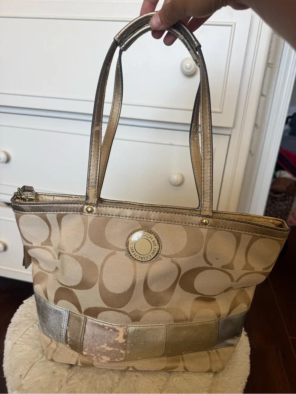 Coach Vintage Signature Metallic Patchwork Tote in Gold and Beige