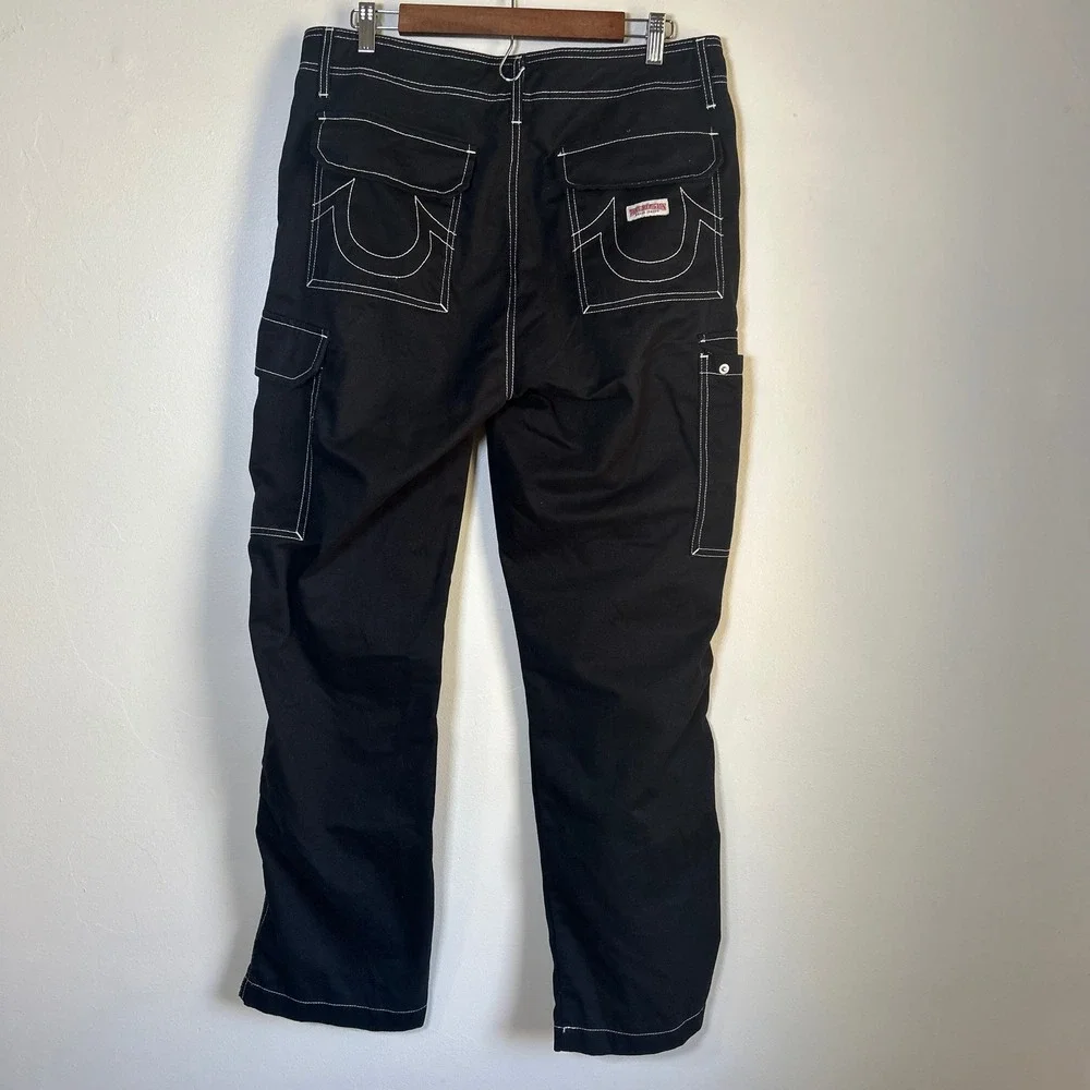 EUC True Religion Cargo Pants Size 33‎ Black White Contrast Stitch Streetwear