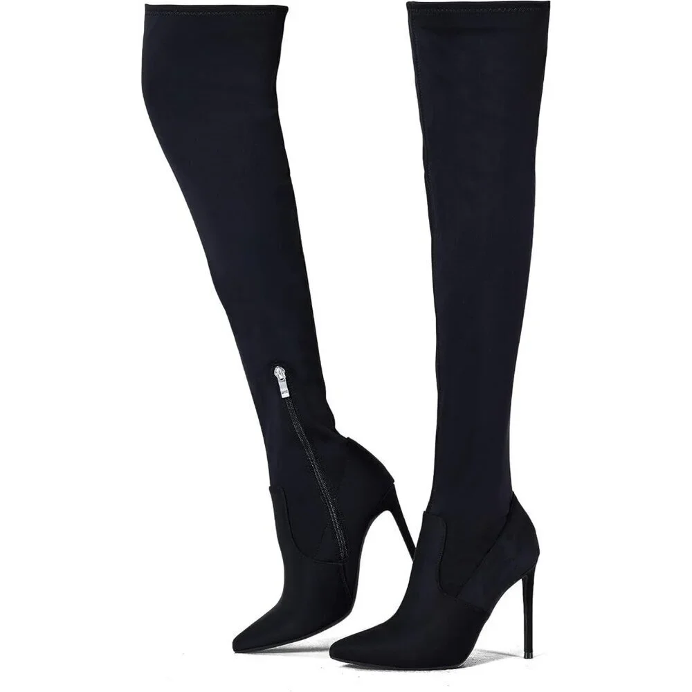 Women Black Neoprene Suede Pointed Toe 4.3 inch Stilettos Thigh High Heels Boots