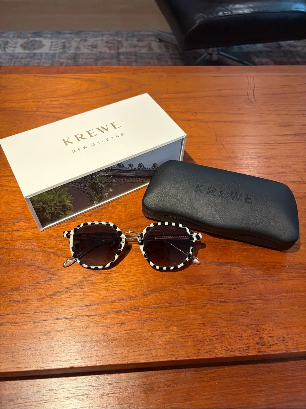 KREWE Dakota Domino + Crystal 12K Black and White Sunglasses with Case and Box
