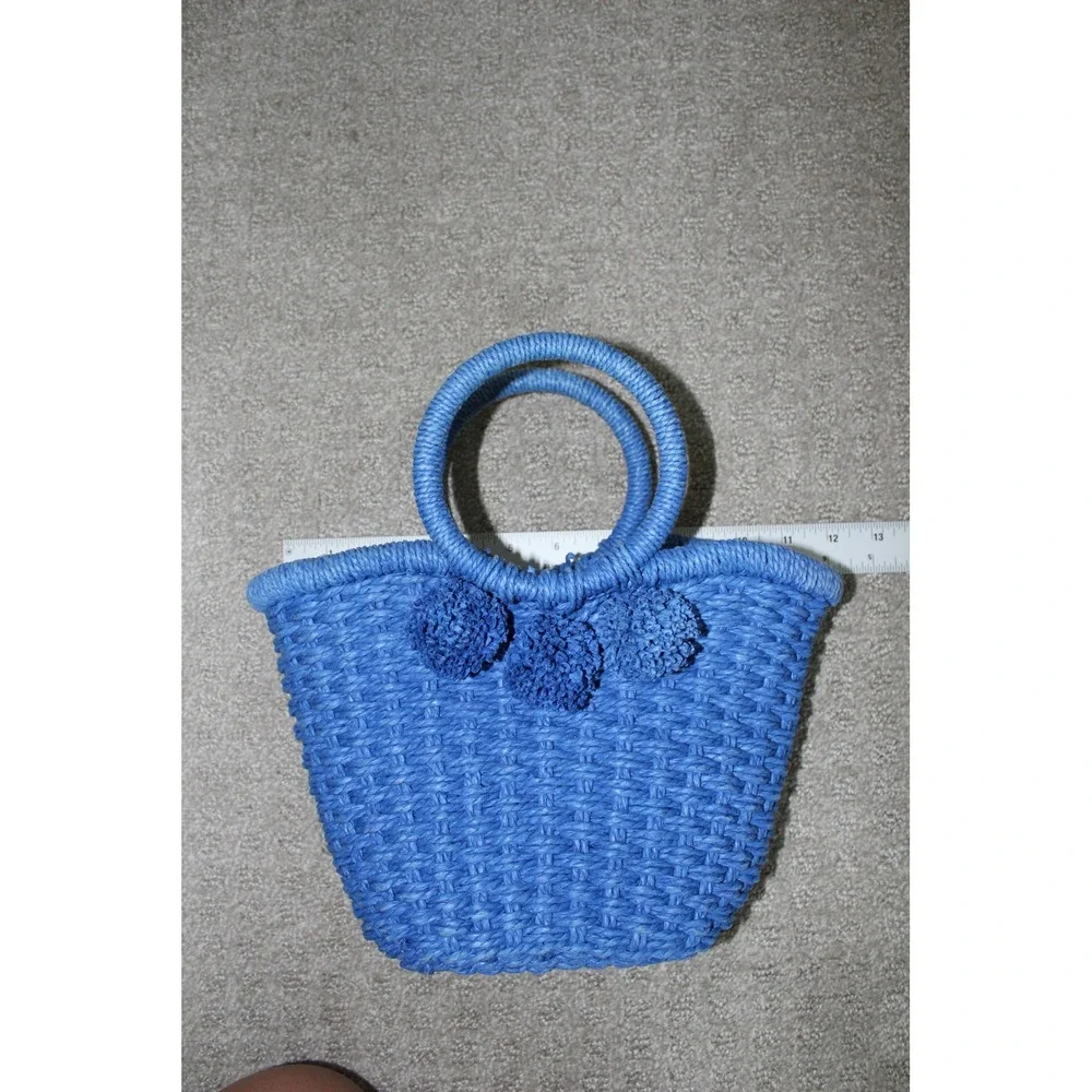 Banana Republic Blue Woven Straw Pom Pom Mini Tote Bag Drawstring Basket Handbag