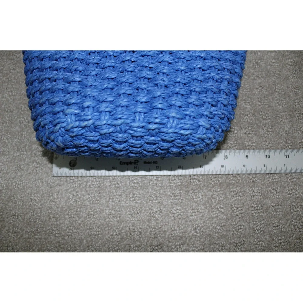 Banana Republic Blue Woven Straw Pom Pom Mini Tote Bag Drawstring Basket Handbag