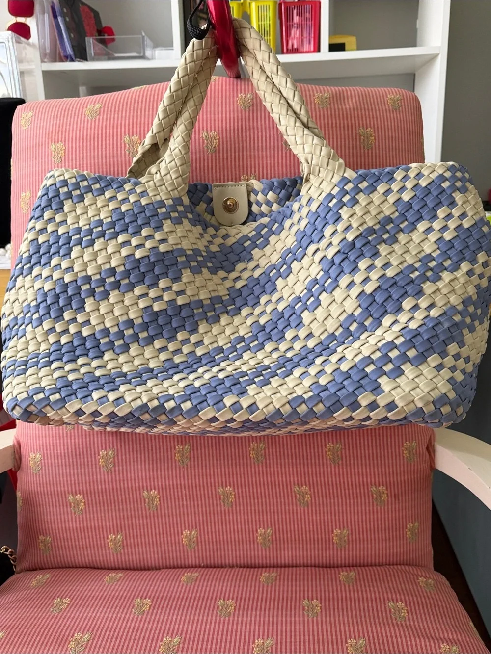 Woven Straw Tote Bag in Blue and Cream