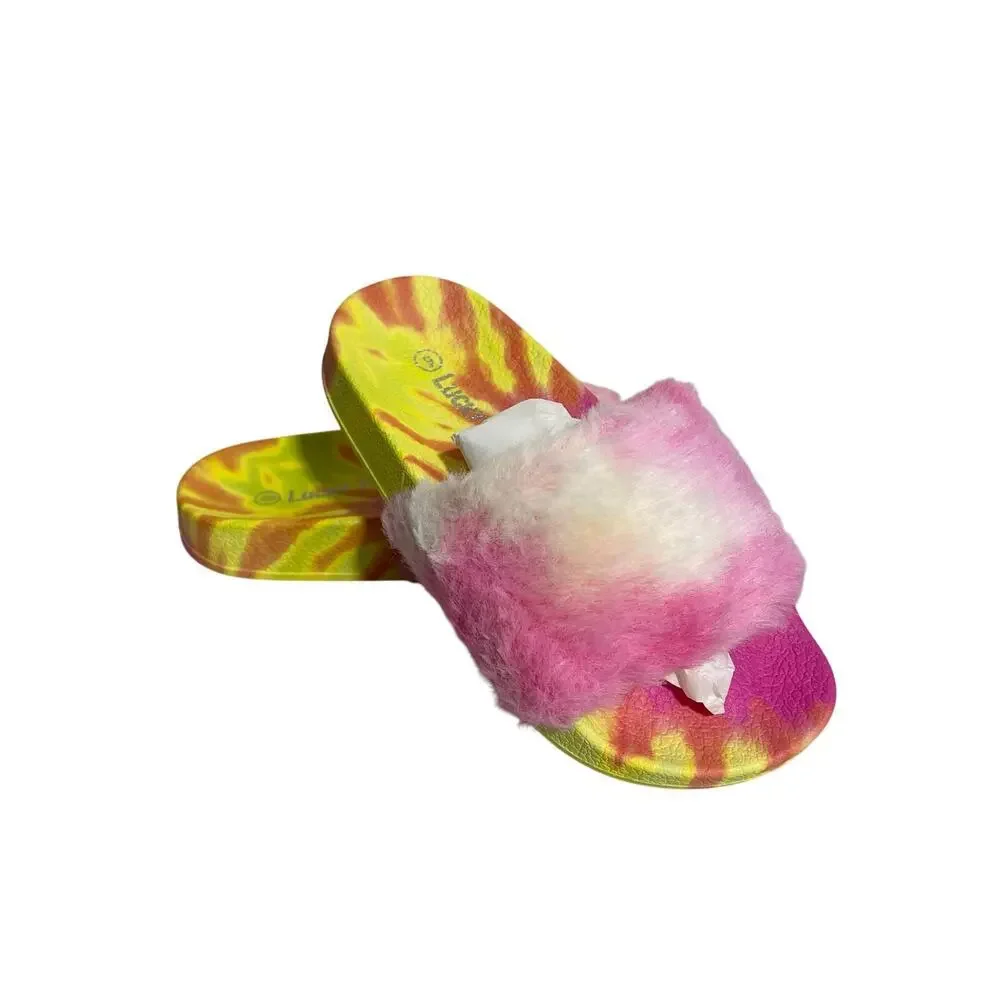 Lucky Top Tie Dye Fur Plush Slides Sz 9