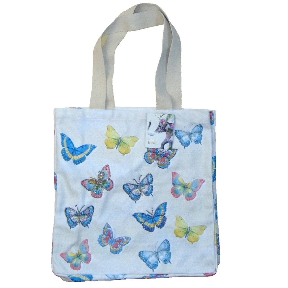 Butterfly Beaded Canvas Tote Bag Handmade India Elephant Tag Beach Bag NWT