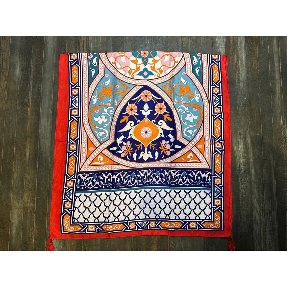 Mindful Souls Bohemian Tapestry Print Scarf Red Blue Tassel Accent