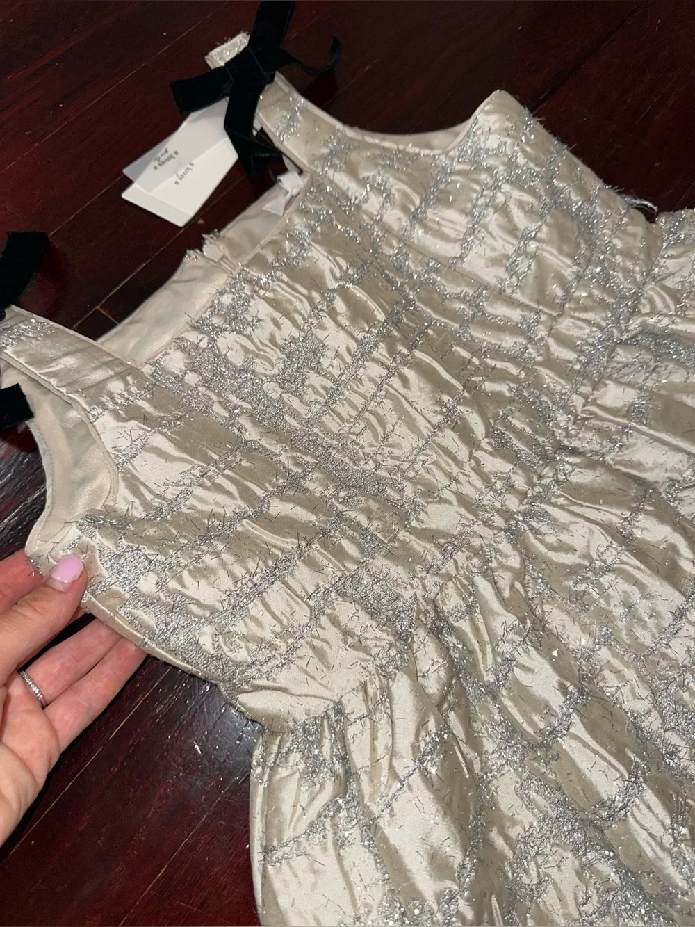 A Loves A Cream Metallic Lace-Trim Party Dress with Black Bows