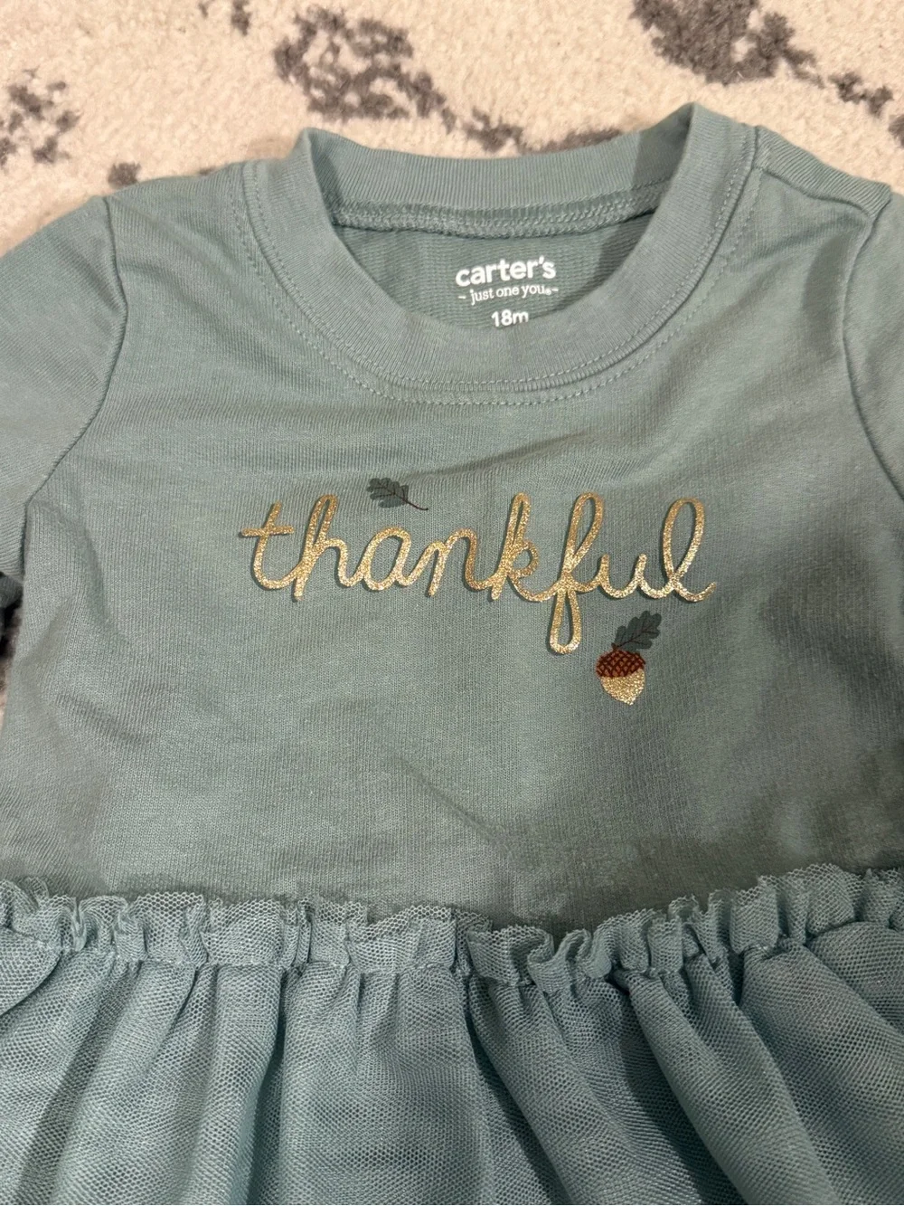 Carter's Sage Green Tulle Dress with gold lettering “Thankful”