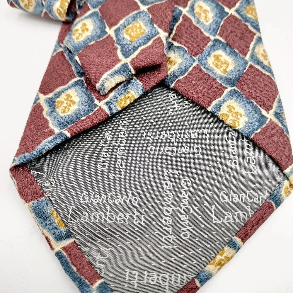 Lamberti Men's Tie Silk Maroon Blue Gold Geometric Pattern Made in Italy
