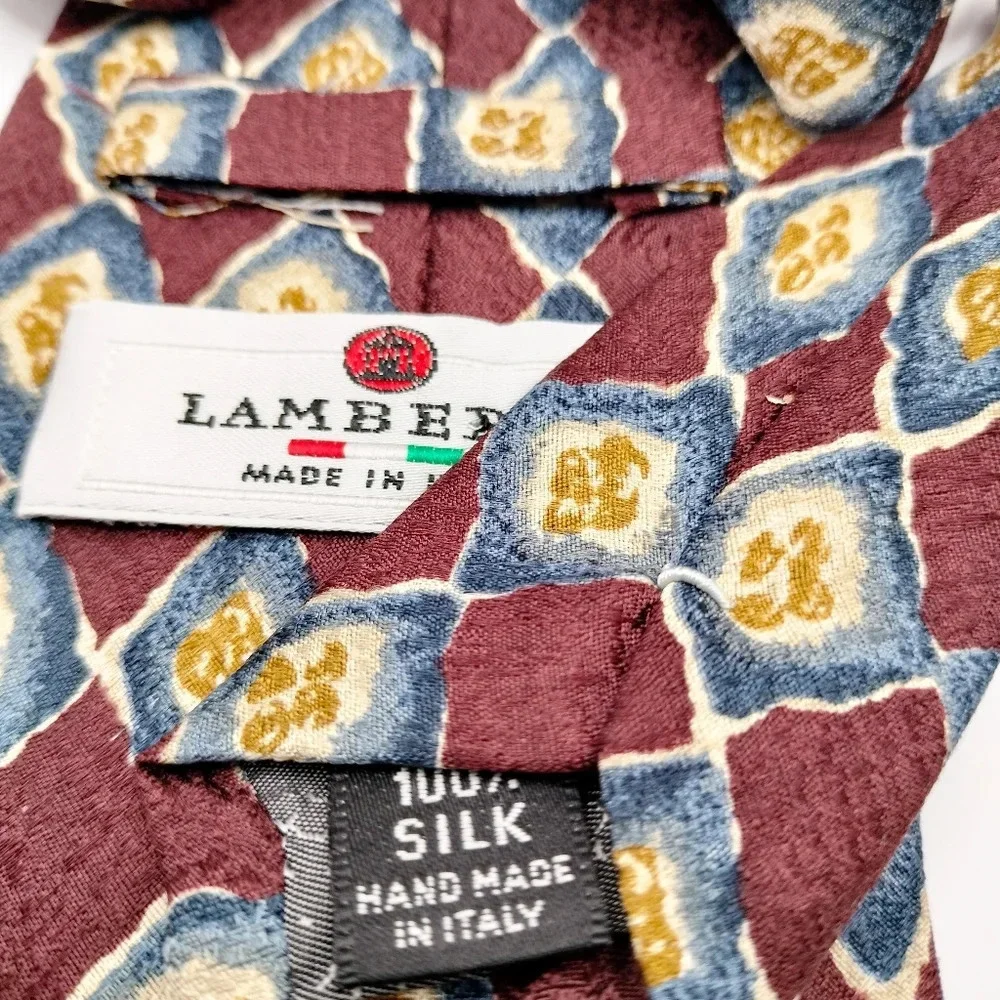 Lamberti Men's Tie Silk Maroon Blue Gold Geometric Pattern Made in Italy