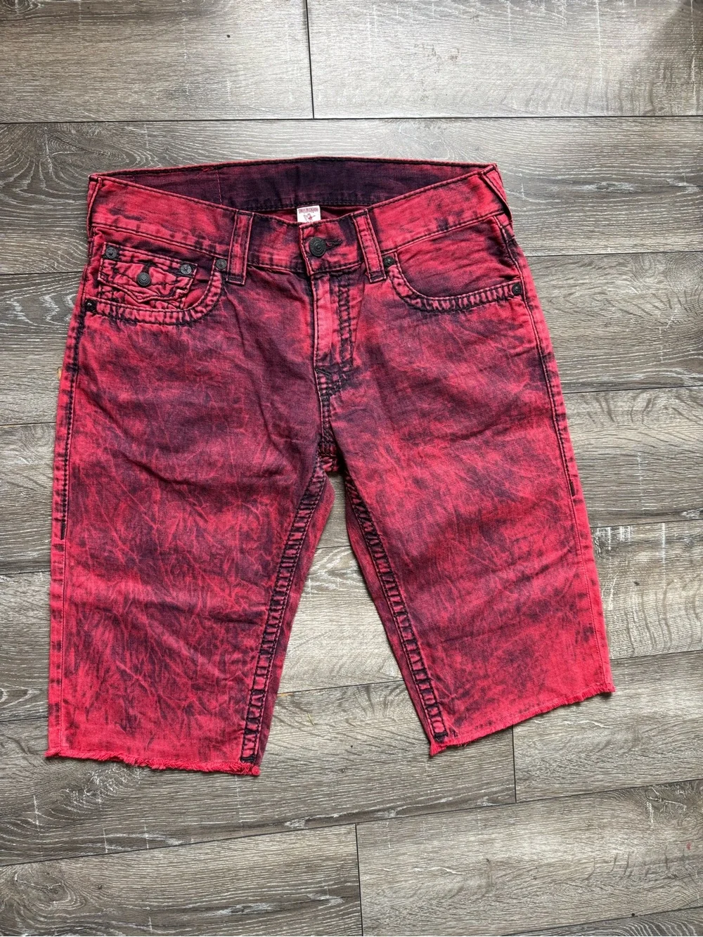 True Religion Red and Black Acid-Wash Denim Shorts