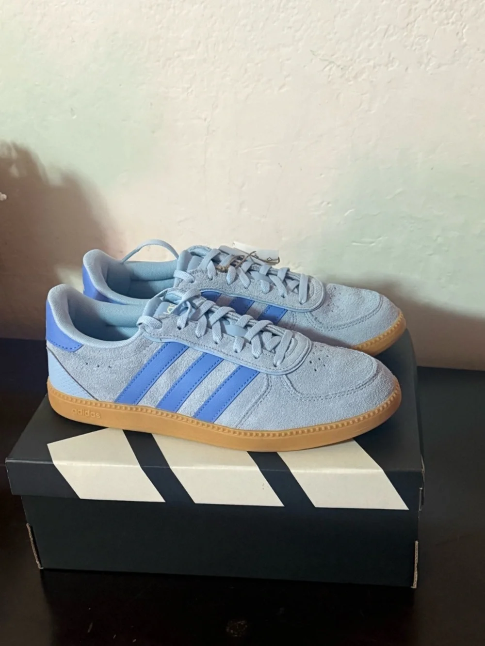adidas Originals Light Blue Suede Sneakers with Blue Stripes and Gum Sole