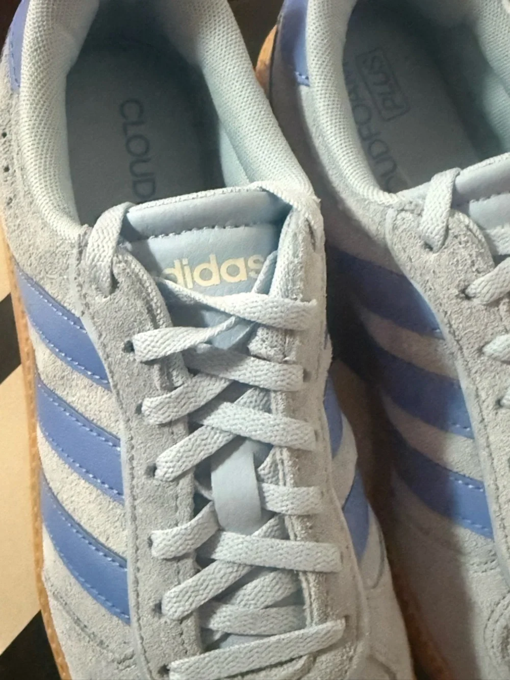 adidas Originals Light Blue Suede Sneakers with Blue Stripes and Gum Sole