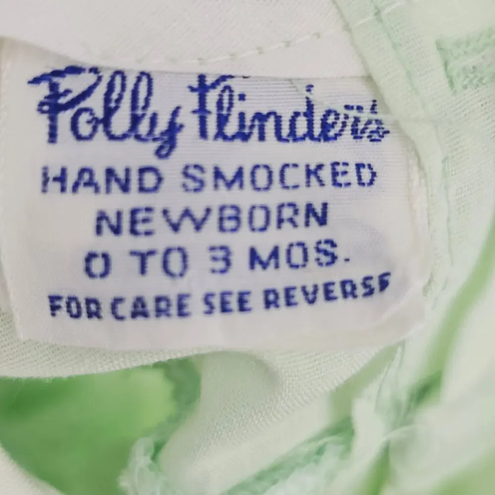 Vintage Polly Flinders Green Hand Smocked Dress Lace Trim NB 0-3 mo cottage 4036