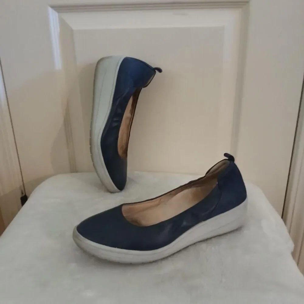 Vionic Jacey Navy Blue Leather Comfort Slip On Wedge Ballet Shoes 9 Basic