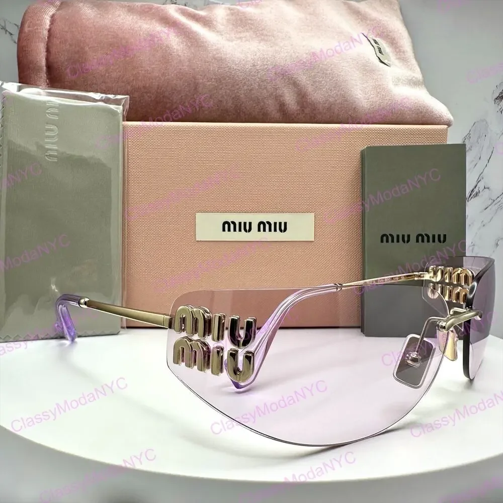 New MIU MIU Sunglasses Pale Gold Pink Lens Wrap Rimless AUTHENTIC Runway 2025