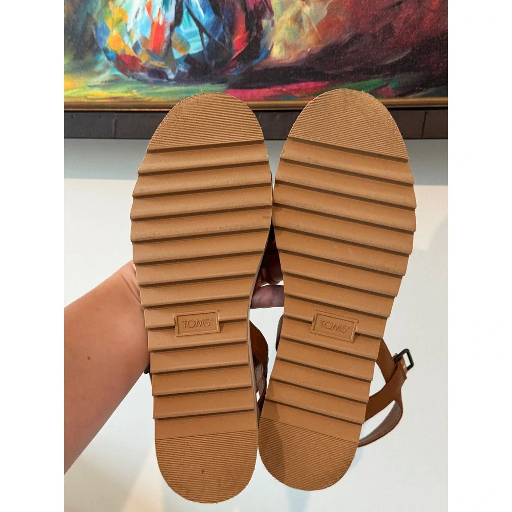 TOMS Diana Tan Brown Leather Platform Wedge Ankle Strap Sandals Womens 6.5