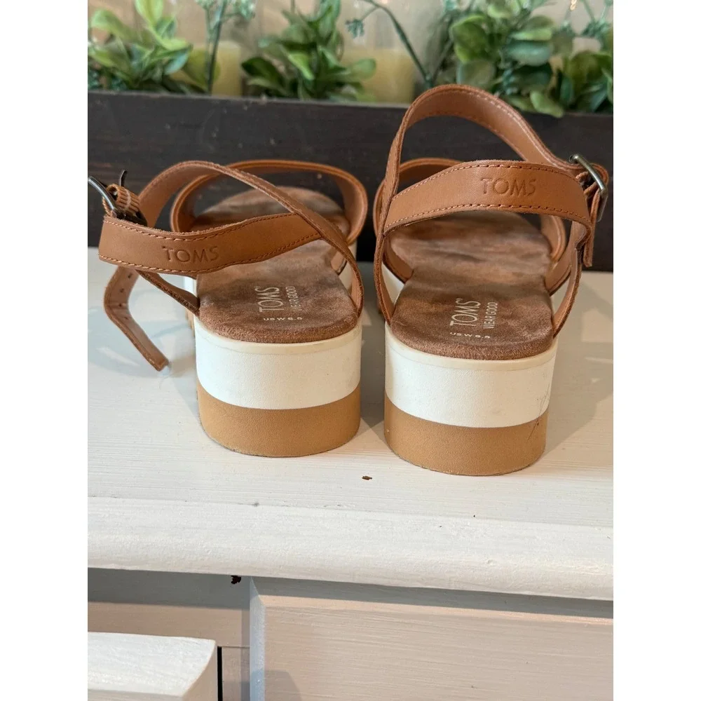 TOMS Diana Tan Brown Leather Platform Wedge Ankle Strap Sandals Womens 6.5