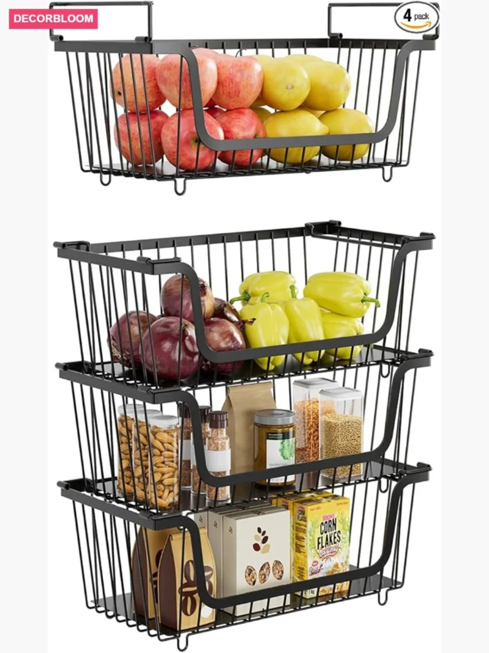 4 Pcs Stackable Wire Baskets for Pantry Organization and Storage