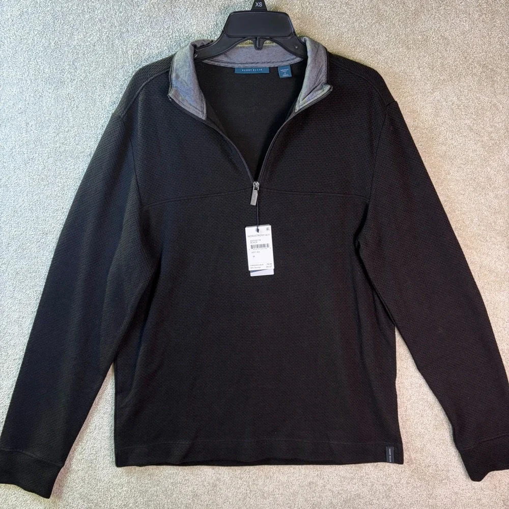 Perry Ellis Quarter Zip Pullover Mens Medium Black Textured Waffle‎ Knit NEW