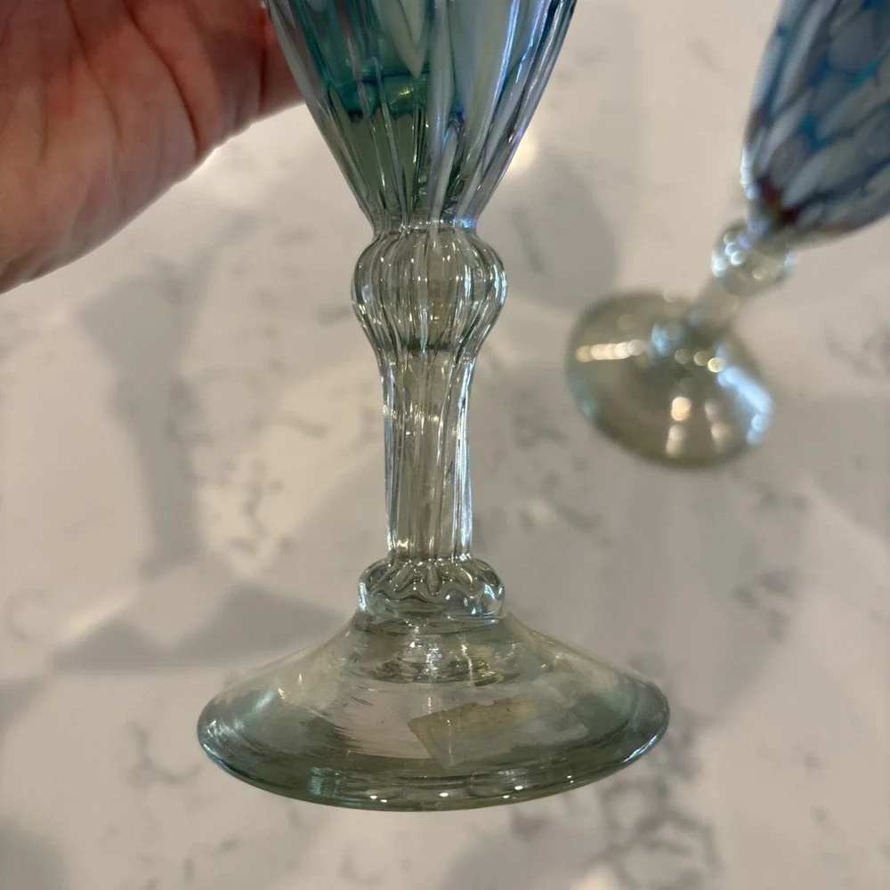 Cobalt Blue White Iridescent MexicoBlown Art Champagne Flute‎ Wine Glass Wedding