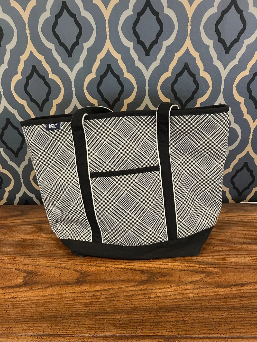 Lands' End Large Black and White Plaid Canvas Tote with long Straps with Zipper