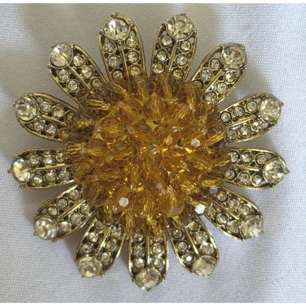 Vintage Sunflower Amber / Clear Rhinestone Petals Goldtone