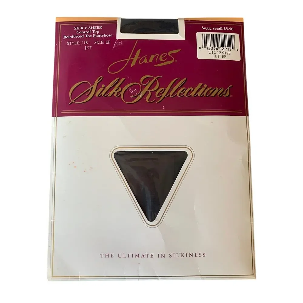 Hanes Silk Reflections Pantyhose E-F Control Top Reinforced Toe JET Black Vtg