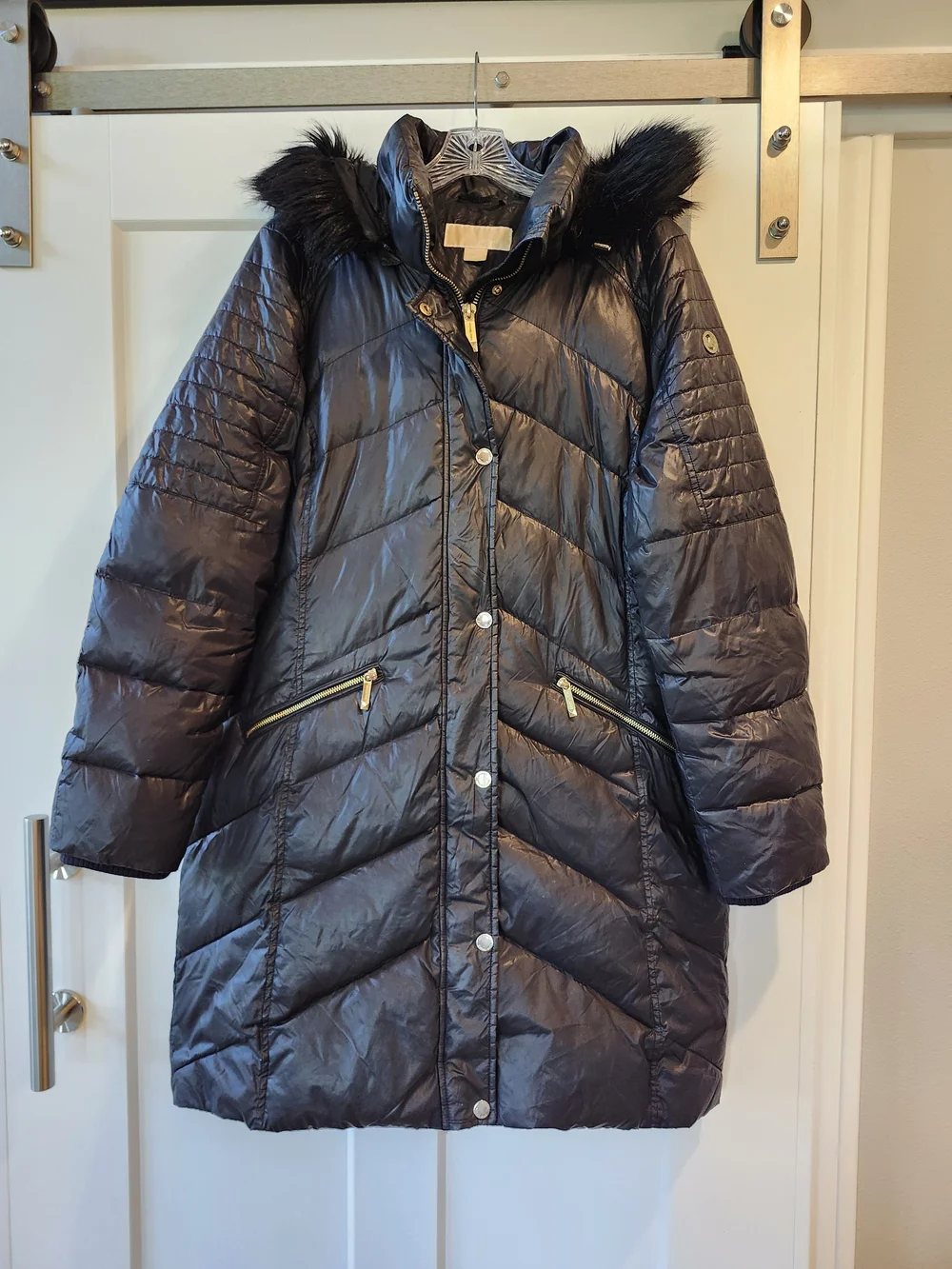 Michael Kors Down Black Quilted Long Puffer Coat with Faux Fur Trim