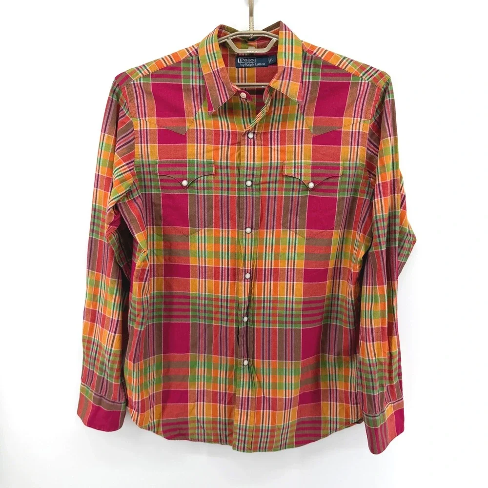Polo Ralph Lauren Mens Large Plaid Western Shirt Pearl Snap Cotton Multi Color