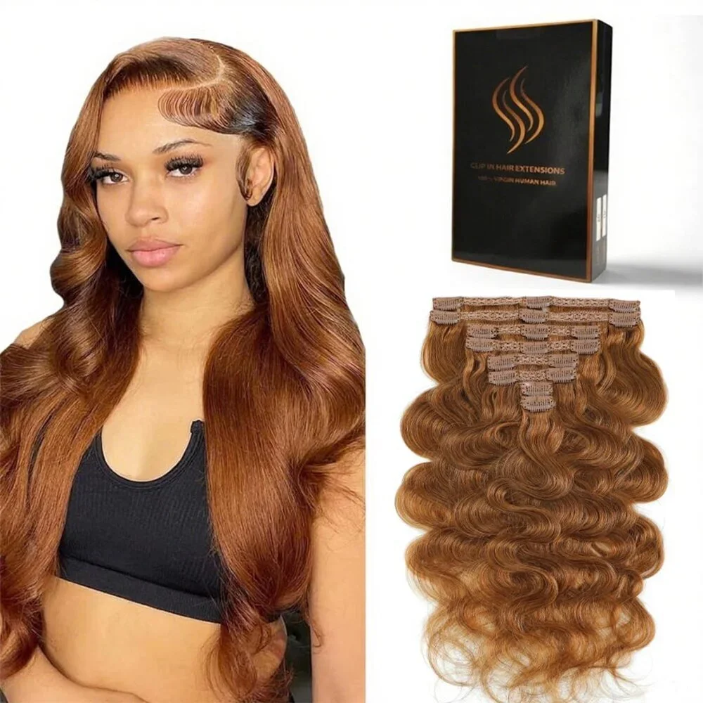 Clip in Hair Extensions Real Human Hair Body Wave 22 Inches Auburn Ginger