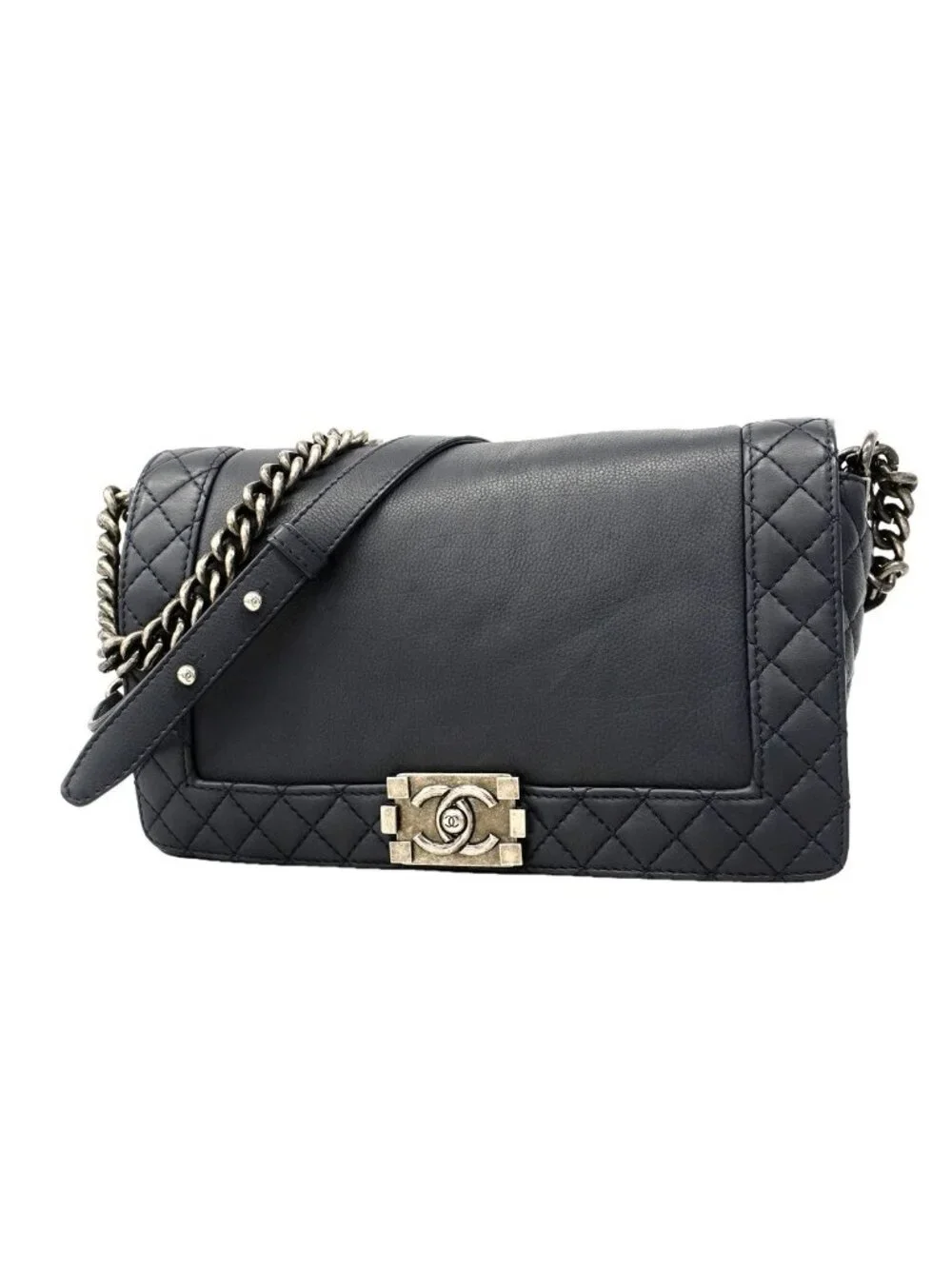 Chanel Shoulder Bag Boy Lambskin Navy Silver