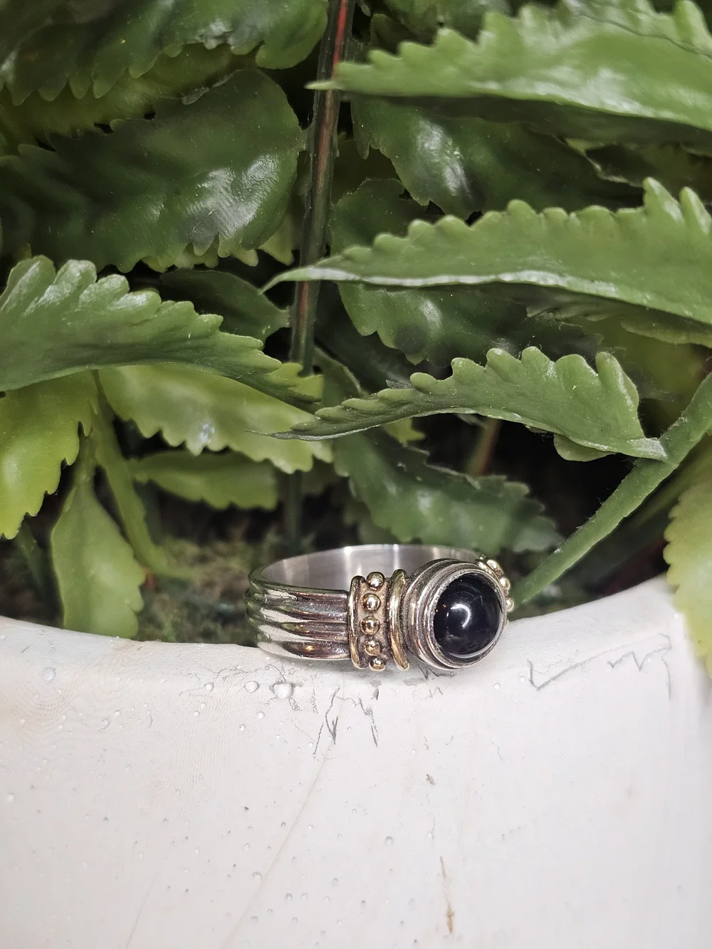 Sterling Silver Black Onyx Ring with 14k Gold - Signed - Size 8.75