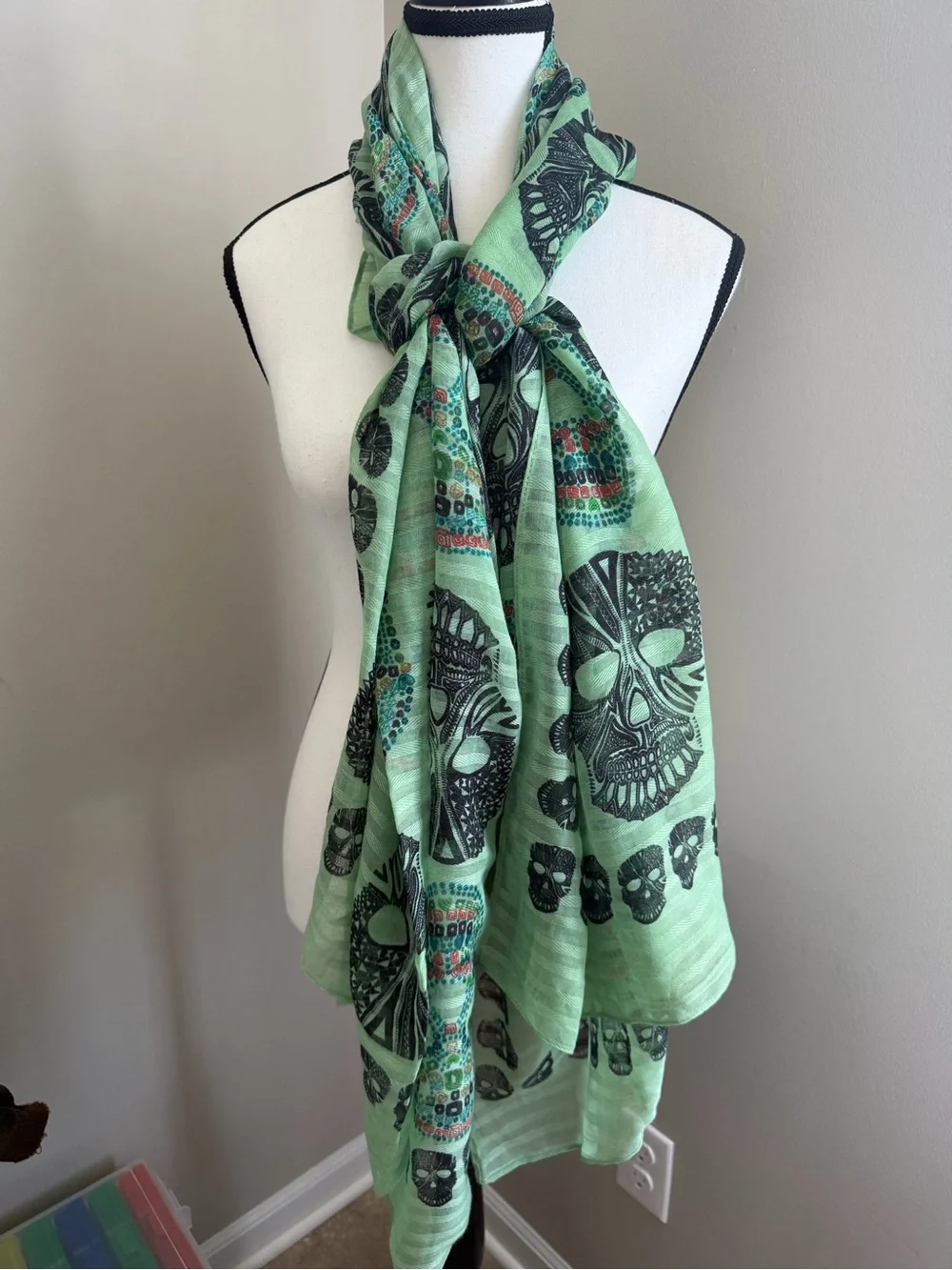 Day Of The Dead Sugar Skull Scarf Shawl Wrap Mint Green 72x36 Cotton Viscose