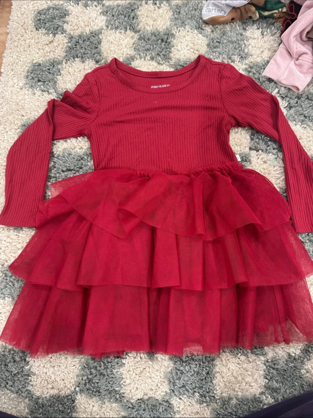 Posh Peanut Red Ribbed Long Sleeve Tulle Tiered Dress
