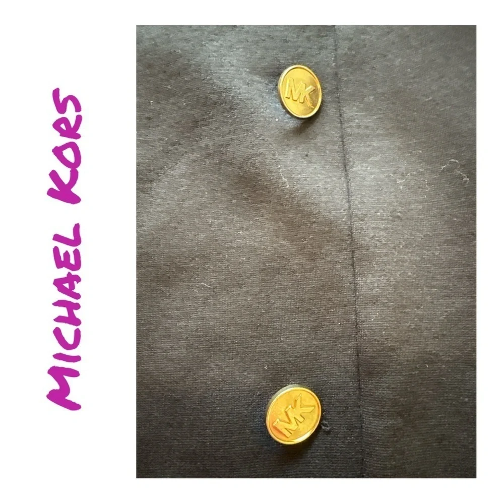 MICHAEL KORS Women's Black Skirt with Front Slit and Gold MK Buttons.