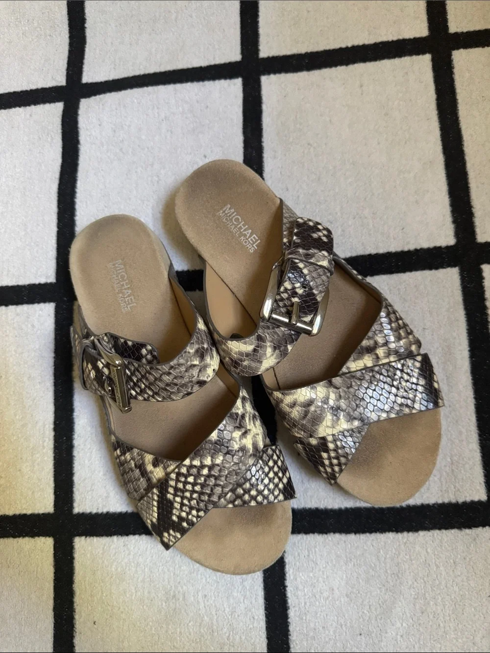 Michael Kors Brown Tan Snake-Print Buckle Slide Sandals size 5.5