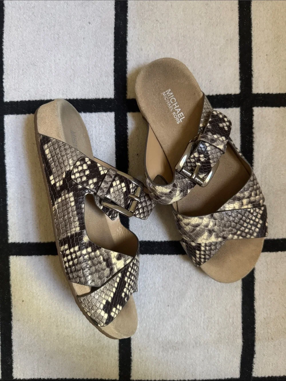 Michael Kors Brown Tan Snake-Print Buckle Slide Sandals size 5.5