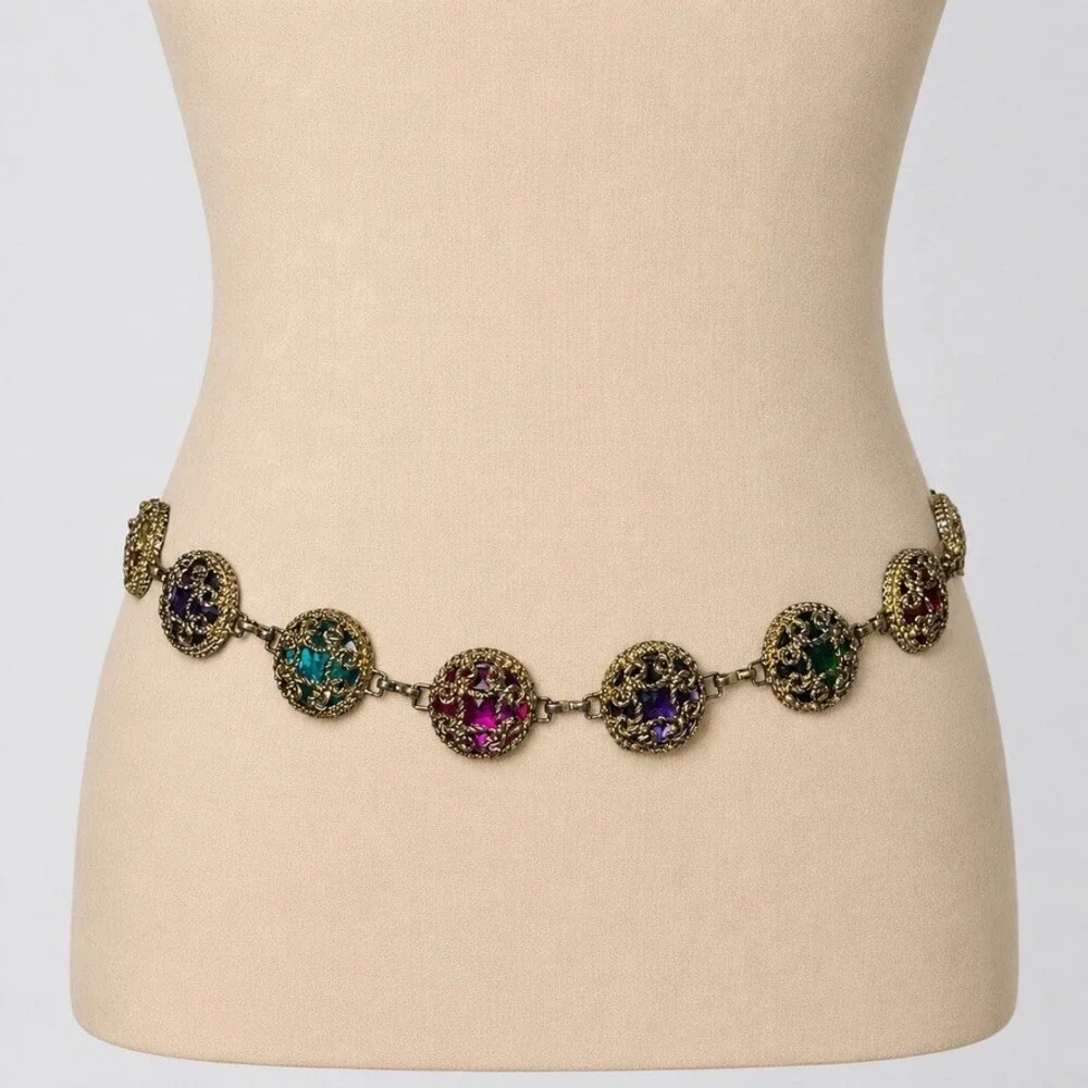 Vintage 70s Multicolor Faceted Glass Jeweled Chain Belt Cocktail Statement