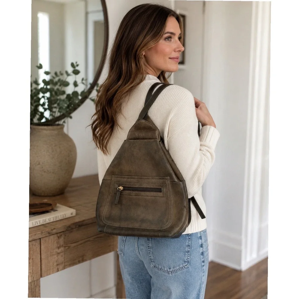 Tignanello Dark Brown Leather Sling Backpack Teardrop Triangle Bag Womens