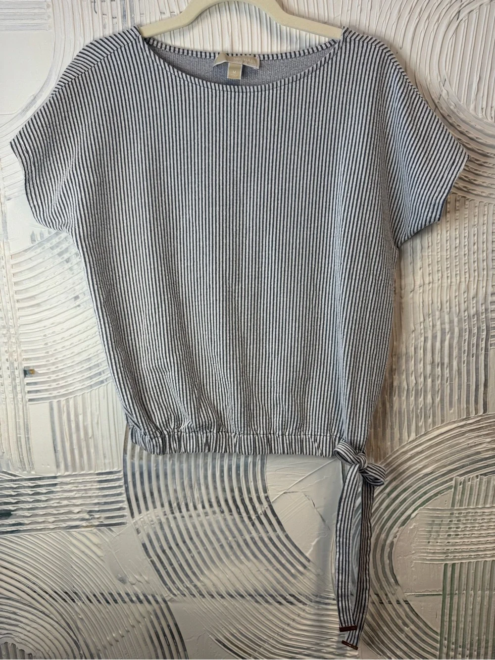 Michael Kors Blue and White Striped Tie-Hem Short Sleeve Top